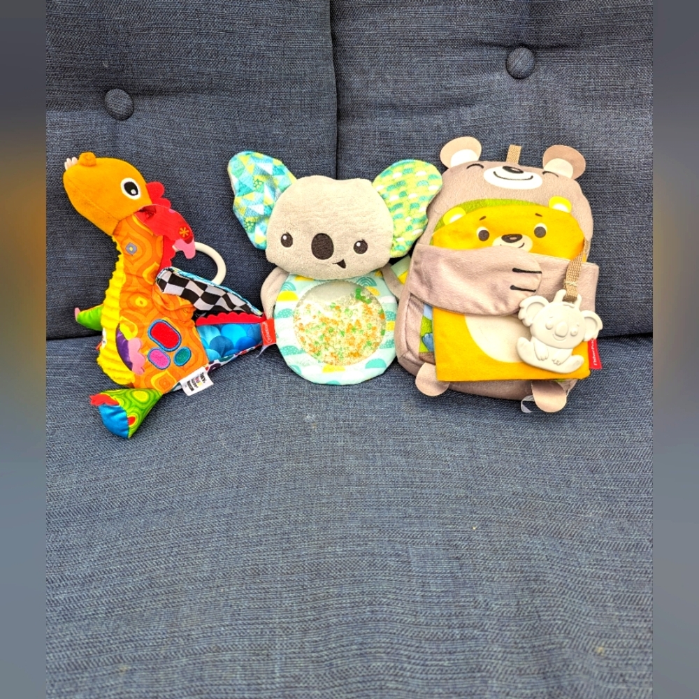 A Lot of 3 Baby Toys. La Maze dragon, Infantino koloa and F.P.  book.